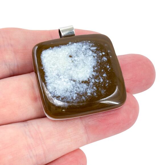 Brown White Fused Glass Pendant | Large Sterling Silver Bail Necklace Charm - Picture 1 of 7